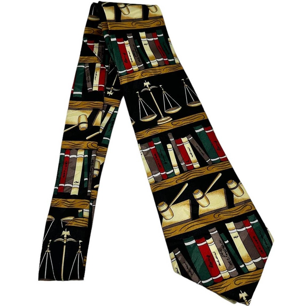 MULTICOLOR JUSTICE SCALE, MALLET, LAW BOOKS ALL OVER PRINT MEN’S TIE